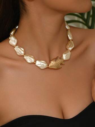 1 pieza Collar con colgante de pez con cuentas elegante y de moda, para todas las estaciones