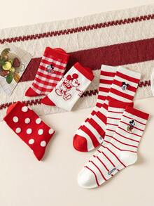 Disney 1/5双迪士尼官方女士袜子，刺绣米奇老鼠礼品袜，卡通刺绣袜，动画人物袜，男女通用趣味袜，迪士尼袜子 - 彩色 - 查看 5