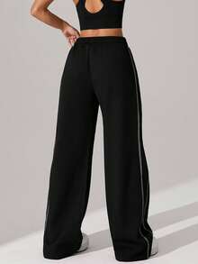 2条装女士华夫格针织面料宽松侧边撞色条纹户外徒步跑步健身室内瑜伽直筒裤，秋冬春季款 - 彩色 - 查看 5