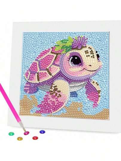 1pc Cute Turtle DIY Diamond Art Set (With Frame), Creative Design Marine Life Diamond Handicraft Art Gift Set, Cartoon 5D Diamond Art Set Of Flowers, Butterflies And Turtles, Parent-Child Interaction To Kill Time, Suitable For Boys And Girls Beginners, DIY Diamond Art Set Full Round Diamond Large Gemstone Art Home Living Room, Bedroom Wall, Office Desk Decoration Perfect Halloween, Christmas, Birthday And Party Gifts