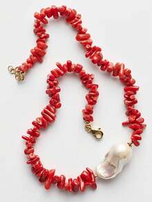 1PC Luxury Boho Retro Red Coral Natural Stones Handmade Pearl Necklace For Women Gift Box For Girls Summer Beach Collar