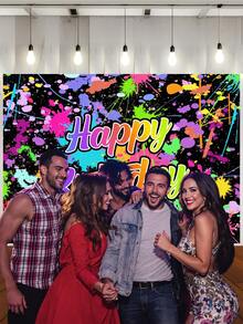 1 Peça Painel de Fotografia de Aniversário Feliz com Respingos de Tinta Colorida, Brilho Neon no Escuro, Banner de Festa 59.1*39.4/82.7*59.1/106.3*70.9 Polegadas, Decoração para Chá de Bebê, Festa de Dança, Uso Interno e Externo