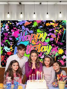 1 Peça Painel de Fotografia de Aniversário Feliz com Respingos de Tinta Colorida, Brilho Neon no Escuro, Banner de Festa 59.1*39.4/82.7*59.1/106.3*70.9 Polegadas, Decoração para Chá de Bebê, Festa de Dança, Uso Interno e Externo