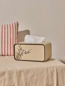 Cirelle La tapa de la nueva caja de pañuelos de estilo chino con estampado de ciruelo en piel de poliuretano es una caja de pañuelos elíptica, moderna y de alta gama, con cierre magnético. Es un artículo de almacenamiento decorativo adecuado para salas de estar, mesitas de noche, dormitorios y tocadores de baño del hogar. - Multicolor - Ver 2