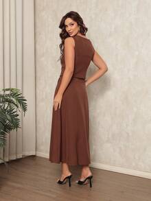 Women's Set: Vest With Fake Pocket And Buttons And Long Twill Skirt - Marrón Chocolate - Ver 5