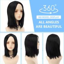 女士黑色鲍勃中分直发假发 - 高品质高温合成面料，易扣网眼帽，时尚款式适合所有脸型 - 让您每天都充满自信，适合派对万圣节日常角色扮演服装 - 黑色 - 查看 6