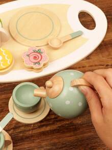 儿童木制茶具套装，公主茶会玩具厨房配件，包含逼真的食物，儿童过家家茶具玩具，增强想象力和社交能力 - 彩色 - 查看 5