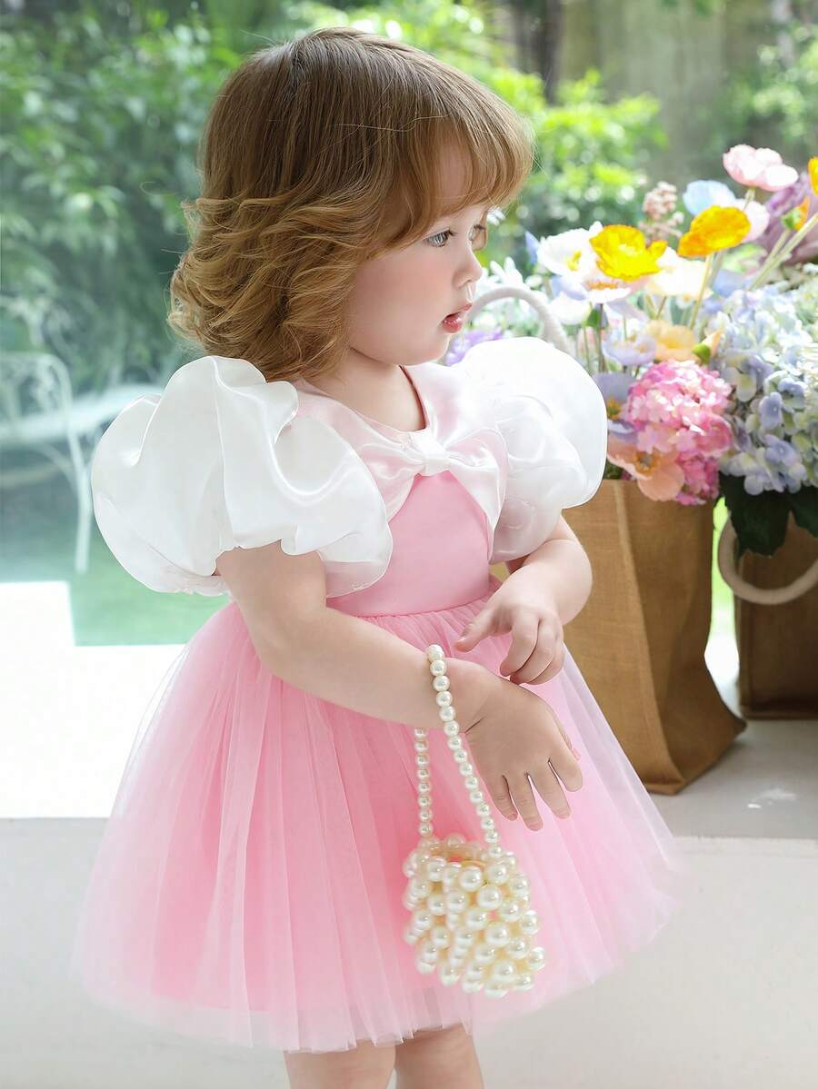 Đầm công chúa màu hồng tay phồng bằng vải voan thanh lịch cho bé gái 0-4 tuổi, thích hợp cho tiệc sinh nhật lần thứ nhất, tiệc chiêu đãi, đám cưới. - Hồng - Xem 1