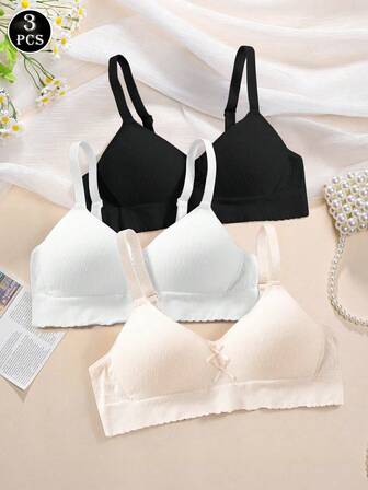 3pcs Seamless Bra Set With Bowknot, Wire-Free And Smooth Surface, Comfortable Women's Underwear, Lingerie