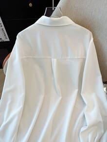 Plus Size Women's Fashion Commuter Pure White Collar Long Sleeve Asymmetrical Hem Pleated Tie Embroidered Horse Pattern Blouse, Office Wear, Autumn/Winter - White - View 9