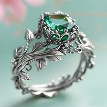 Ring Totem Ring Creative Vintage Alloy Inlaid Green Crystal Ring - 古銀 - 查看 4