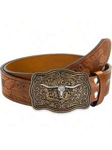 Vintage Style Men's PU Leather Belt, Adjustable Buckle With Cowboy-Inspired Bull Head Pattern, Suitable For Cosplay