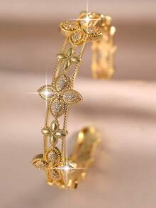 jealous young 1件装奢华四叶草立方氧化锆订婚手链，女士时尚闪亮魅力手镯，适合派对、宴会、婚礼和日常佩戴 - 金黃色 - 查看 1