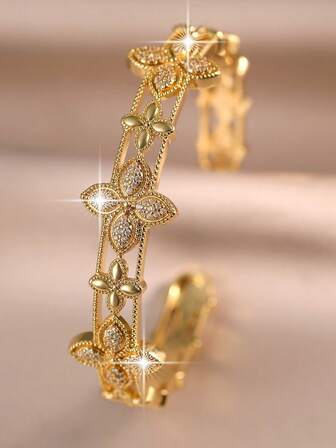 jealous young 1 件奢华四叶草设计方晶锆石订婚手镯，女士时尚闪亮串饰手链，适合派对、宴会、婚礼和日常佩戴