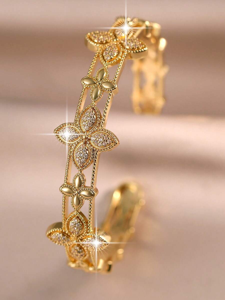 jealous young 1件装奢华四叶草立方氧化锆订婚手链，女士时尚闪亮魅力手镯，适合派对、宴会、婚礼和日常佩戴 - 金黃色 - 查看 1