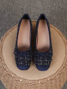 Square Toe Chunky Heel Shoes, Bowknot Slip-On Flats, Fashion Slip-On Loafers, Blue Plaid High Heels, Women's High Heel Pumps, Run Large, Size 35-43