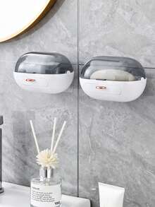 1pc Flip-Top Soap Dish, Water-Proof & Hole-Free Wall-Mounted Design, Special Drainage Storage Box For Bathroom, Suitable For Bathroom Storage, Toilet Organization, Soap Moisture-Proof Storage