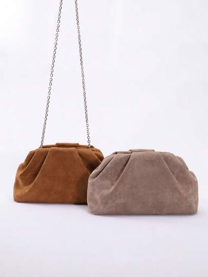 高品质复古风格棕色麂皮手拿包，玛琳风格女士麂皮手拿包，欧美时尚褶皱简约女士手拿包，配链条肩带