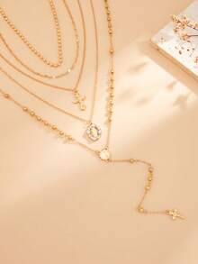 3/5pcs Set Layered Cross, Tassel, Beaded Necklace Jewelry Set, Unique Round Bead & Snake Chain Necklace Accessories, Suitable For Holidays Gift And Daily Matching