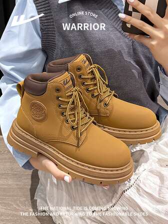 WARRIOR 1 Pair Unisex Outdoor Lace-Up Boots, Fashion Comfortable Leather Waterproof Durable Non-Slip High-Top Travel Hiking Work Boots, Couple Shoes