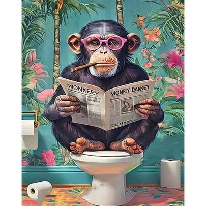 Zestaw wielowymiarowych, bezramowych obrazów diamentowych 5D, ręcznie robionych, z fantazyjnym gorylem czytającym gazety na toalecie – żywa, tropikalna dekoracja łazienki, idealna do salonów, biur lub korytarzy