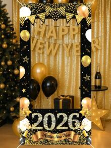 1件2026黑色金色新年快乐相框道具，120*60厘米乙烯基材质，带气球，香槟图案，新年快乐相框横幅，新年背景幕布，背景布，背景装饰，背景幕布，活动摄影配件，新年礼物，新年庆祝用品，新年装饰品 - 彩色 - 查看 10