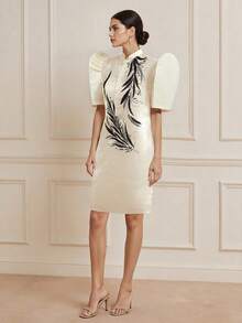 Amyenjoylife 现代菲律宾传统服饰连衣裙，优雅蝴蝶袖菲律宾传统服饰，女士优雅气质印花泡泡袖衬衫裙，现代菲律宾传统服饰，香槟色连衣裙 - 香檳色 - 查看 3