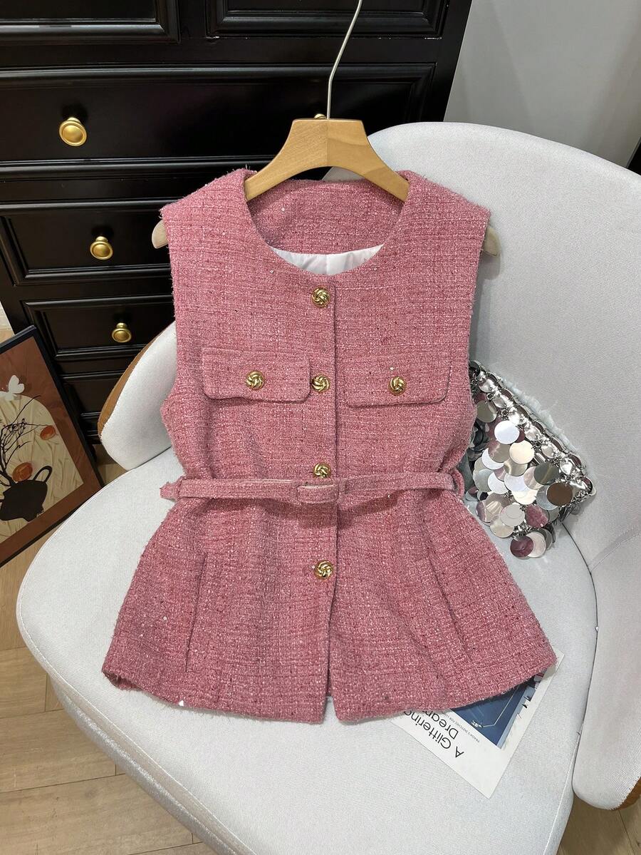 Jaqueta feminina elegante com lantejoulas, top de tweed com lantejoulas, abotoamento simples, gola redonda com botões de metal e colete rosa com cinto.