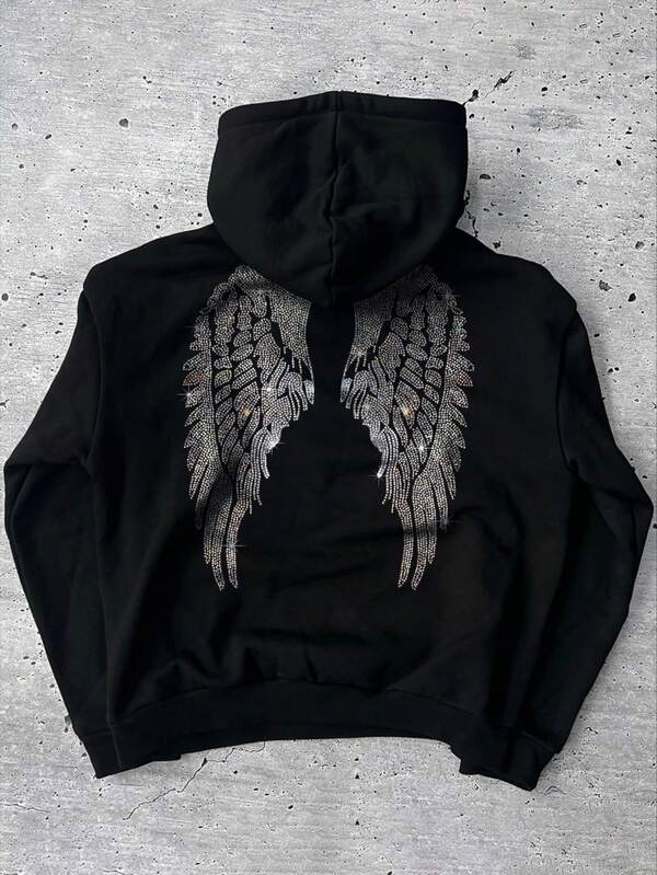 Conjunto de sudadera con capucha y pantalón de chándal con estampado de alas de rhinestone para hombre, ropa de otoño