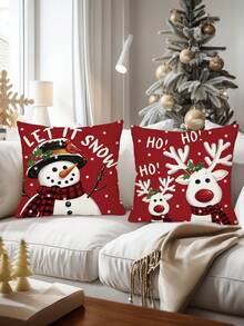 4 piezas/1 pieza Funda de almohada decorativa navideña - Patrón de muñeco de nieve y reno con letras "Que Nieve" y "Feliz Navidad", 45x45 cm | Cierre con cremallera | Material de poliéster | Para sala de estar, habitación, sofá y dormitorio (Relleno no incluido) Excelente para decoraciones navideñas, fiestas de Navidad, decoración del hogar, decoración de habitación de invierno