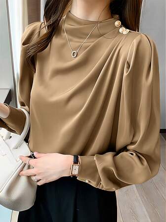 Women's Casual Commuter Shirt With Stand Collar, Pleated Design, And Princess Sleeves, Suitable For Spring And Autumn