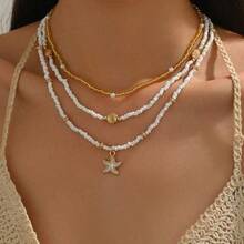1 Set Multi-Layer Starfish Shell Necklace - Stackable Beach Jewelry, Summer Seaside, Dainty Beaded, Vacation Gift For Women - Vàng - Xem 5