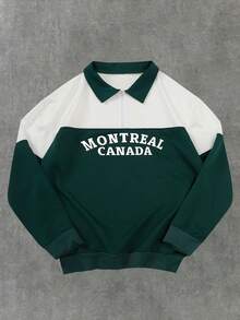 男士字母印花拼接套头四分之一拉链卫衣，休闲宽松圆领长袖卫衣，时尚春秋轻薄上衣