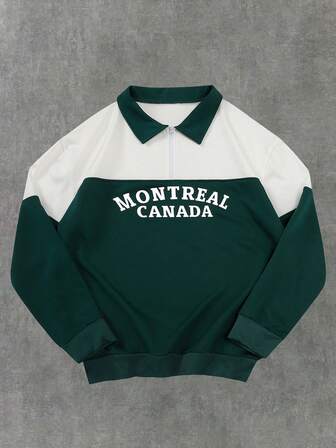 Men's Letter Print Patchwork Pullover Quarter Zip Sweatshirt, Casual Loose Fit Crew Neck Long Sleeve Sweatshirt, Fashionable Spring/Autumn Lightweight Top