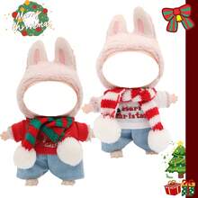 Weihnachtliche Atmosphäre Schal Dekorations-Set, Weihnachts-Muster T-Shirt, für LABUBU Set, modische Accessoires Zubehör, Urlaubs-Geburtstaggeschenk (ohne Plüschpuppe)