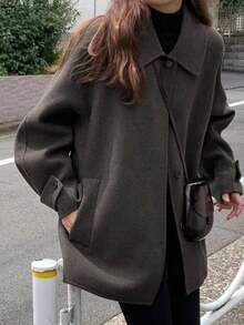 Manteau oversize pour femmes en automne/hiver, style vintage, couleur unie, avec poches avant, boutons, col rabattu et manches raglan