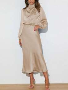 Satin Long Sleeve High Neck Ruched Asymmetrical Elegant Formal Dress, Suitable For Cocktail Party, Bridesmaid - Màu be - Xem 3