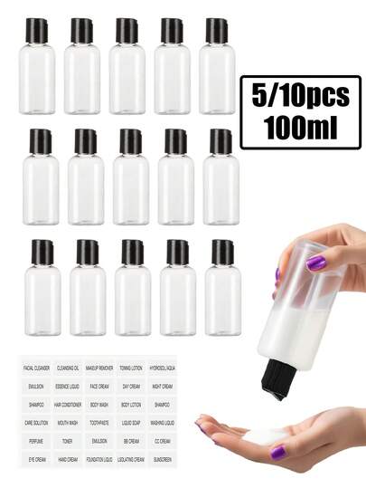 5/10 قطعة - زجاجة مستحضرات تجميل سفر سعة 100 مل، ملصق مع بطاقة، زجاجة شفافة للتوزيع، زجاجة لوشن قابلة للضغط، زجاجة لتوزيع لوشن الجسم، زجاجة سفر فارغة، مناسبة لزجاجات مستحضرات التجميل للسفر، زجاجة متعددة الوظائف للتوزيع، اضغط للفتح والإغلاق، سهلة الاستخدام، تصميم سلك جسم الزجاجة، إغلاق محكم