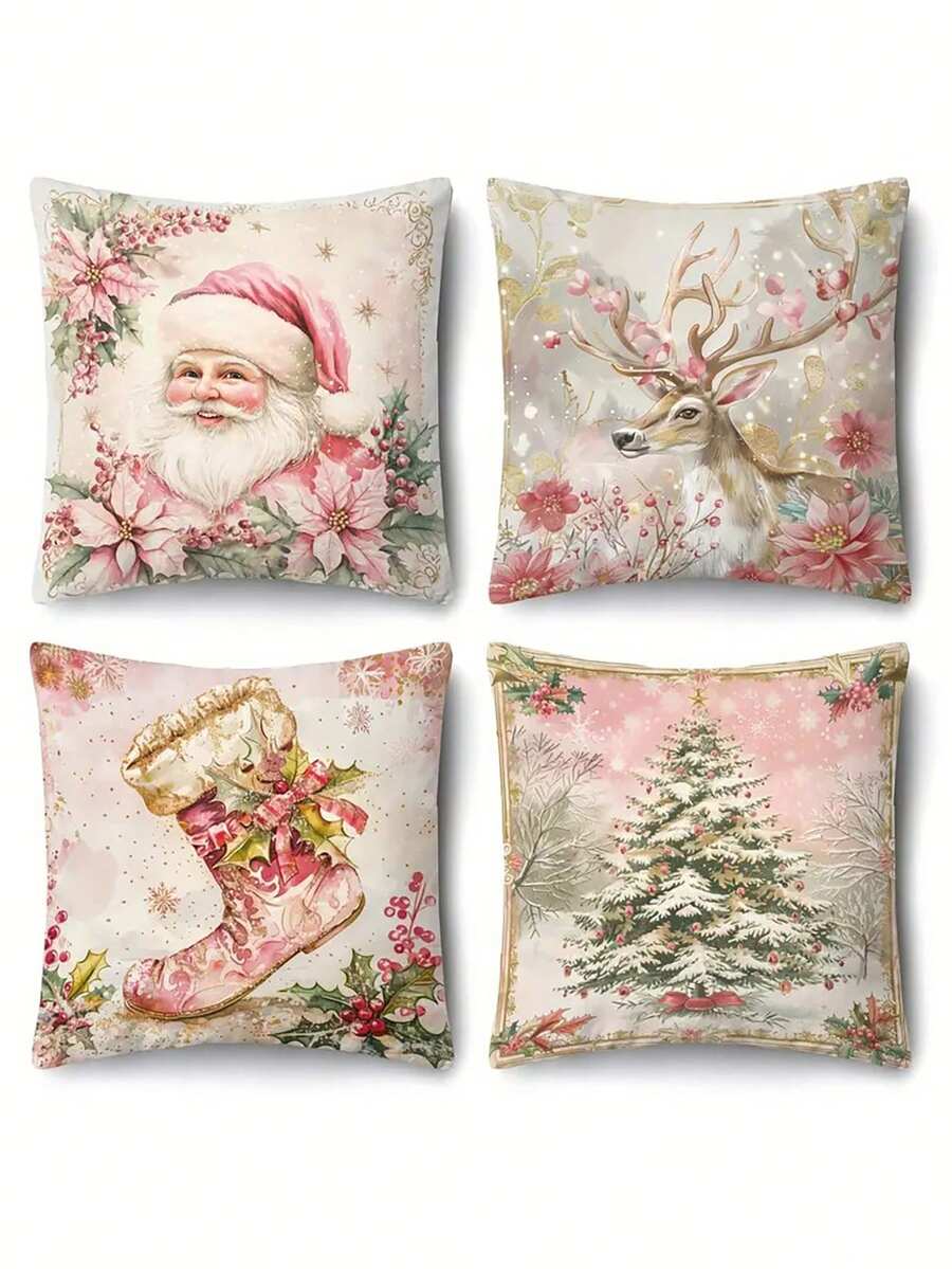4 件套复古圣诞抱枕套 - 粉色主题，带有圣诞老人、靴子、驯鹿和圣诞树图案 - 舒适时尚的 17.7"X17.7" 拉链沙发和卧室装饰靠垫套 - 高品质涤纶，仅可手洗，不含枕芯 - 彩色 - 查看 1