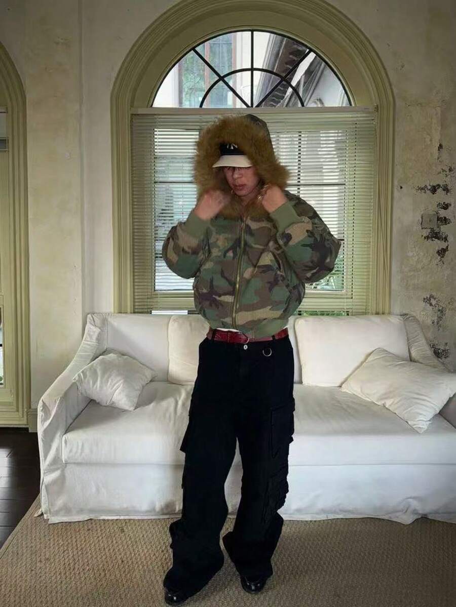 European And American Unisex, Thick Double-Sided Mountain Carved American Fur Collar Camouflage Jacket Jacket Hooded Winter Cotton Jacket For Warmth - xanh quân đội - Xem 1