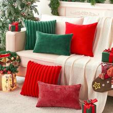 1 buc. Față de pernă simplă fără umplutură, față de pernă pătrată din catifea cu dungi pentru canapea, decor pentru casă - roșu aprins - Vizualizare 3