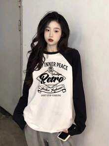 女式秋季新款小巧可爱小狗印花拼布棉质长袖T恤 - 白色 - 查看 3