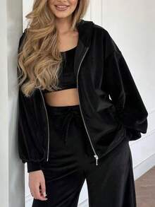 1 Set Tuta Casual ed Elegante in Velluto Tinta Unita, Composta da Top, Gilet e Pantaloni, Adatta per Uso Domestico e Casual, Colore Nero, Primavera/Autunno - nero - Visualizzare 8