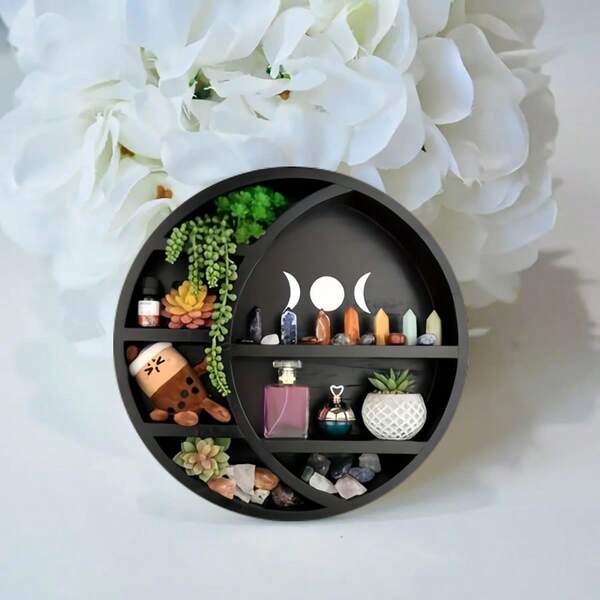 1pc Gothic Wooden Moon Frame - 2D Crystal Display Basket, 7.87*7.87 Inch Crescent Wall Hanging, Bohemian Style Home Decor, Suitable For Living Room, Kitchen, Bathroom And Bedroom (Small Hole On The Back Of The Product Is Pre-Drilled, Please Install Yourself), Shelf Basket