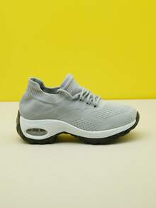 女士白色和粉色针织轻质缓冲休闲运动鞋，复古一脚蹬袜鞋 - 淺灰色 - 查看 4