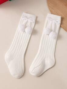 3 双/批 女婴圣诞袜 幼儿樱桃球风格纯色公主及膝袜 儿童柔软针织优雅毛球腿套袜 适合 0-3 岁 - 彩色 - 查看 6