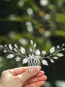 1pc Silver-Color Handmade Leaf & Crystal Side Comb Hair Accessory For Bridal Wedding Party Royal, School Stuff, College, Hair Accessories - Bạc - Xem 2
