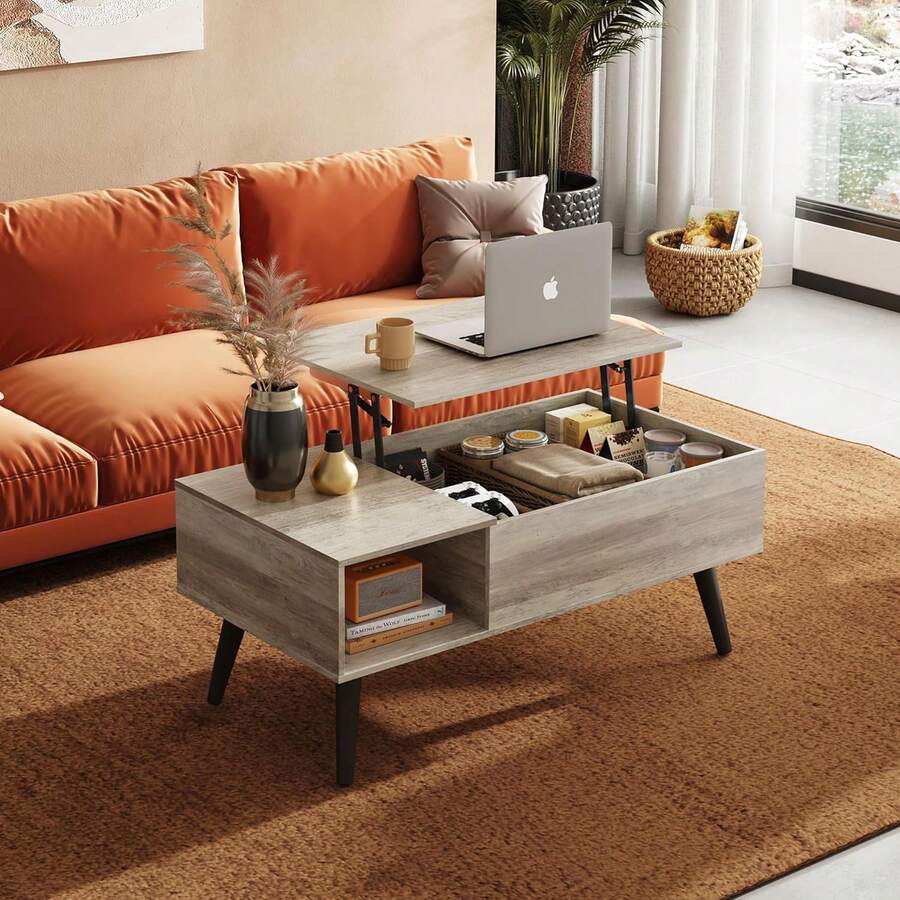 Coffee Table For Living Room, Lift Top Coffee Table With Storage, Small Rising Wooden Dining Center Table With Storage Shelf & Hidden Compartment - Greece - View 1