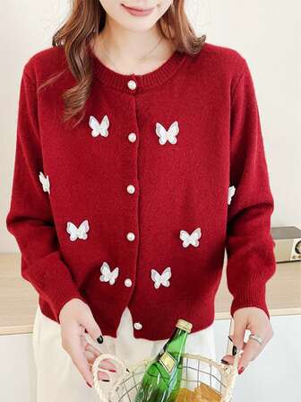 เสื้อคาร์ดิแกนถักสไตล์หวานใหม่ฤดูใบไม้ร่วง/ฤดูหนาว, เสื้อสเวตเตอร์ตกแต่งโบว์ 3 มิติสไตล์เกาหลีสำหรับผู้หญิง