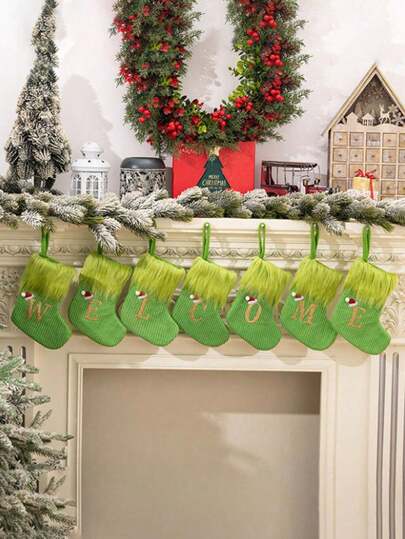 1 pieza Calcetín navideño de punto verde, decoración de árbol, chimenea y ventana, decoración de ambiente para fiestas, decoración para festivales, decoración de habitaciones, decoración del hogar, decoración de oficinas, decoración para fiestas temáticas, decoración navideña, calcetines navideños, decoraciones navideñas, decoraciones navideñas para el hogar, regalos de Navidad, decoración navideña